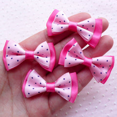 CLEARANCE Pink Satin Ribbon Bows with Polka Dot / Double Ribbon Bowties / Fabric Bow Ties (4pcs / 40mm x 25mm) Baby Headband Hair Band Making B066
