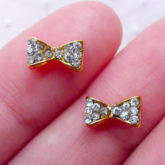 Tiny Bow Bowtie Cabochon (2pcs) (Gold w/ Clear Rhinestones) Cute Manicure Fake Miniature Cupcake Topper Nail Art Nail Decoration NAC010