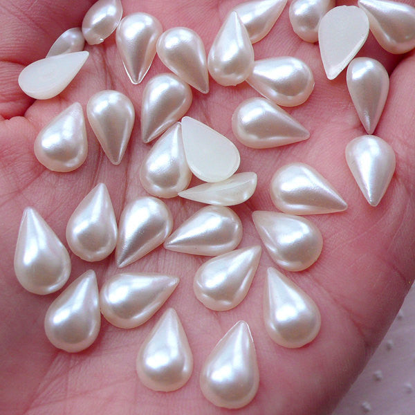 Teardrop Fake Pearl / ABS Pearls / Pearlized Tear Drop Cabochons (Cream White / 8mm x 12mm / 50pcs / Flat Back) Kawaii Phone Case Deco PES91
