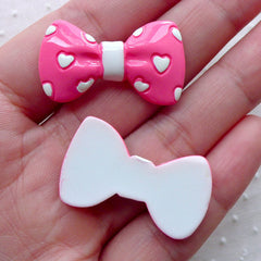 Pink Bow w/ Heart Cabochons (2pcs / 32mm x 18mm / Pink & White / Flatback) Cute Bowtie Phone Case Deco Embellishment Hair Clip Making CAB463