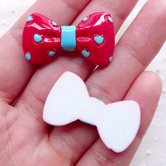 CLEARANCE Red Bowtie Cabochons w/ Heart Pattern (2pcs / 32mm x 18mm / Red & Blue / Flatback) Kawaii Bows Cellphone Decoration Lolita Jewellery CAB464