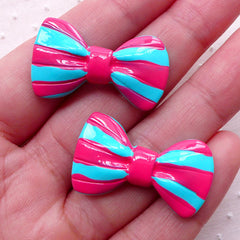 Kawaii Bowtie Cabochons w/ Stripe (2pcs / 31mm x 18mm / Pink & Blue / Flat Back) Cute Bows Cell Phone Deco Lolita Jewelry Making CAB465