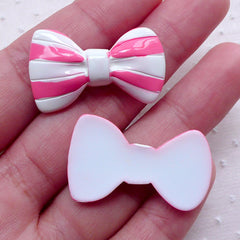 CLEARANCE Kawaii Bow Cabochons w/ Stripe (2pcs / 31mm x 18mm / Pink & White / Flat Back) Bowtie Jewellery Lolita Kawaii Dekoden Cute Decoration CAB467