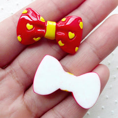 Bow Cabochons with Heart Pattern (2pcs / 32mm x 18mm / Red & Yellow / Flat Back) Bowtie Kawaii Decoden Kitsch Jewelry Scrapbooking CAB462