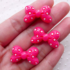 Pink Polka Dot Bow Tie Cabochons / Small Bowtie Cabochon (3pcs / 25mm x 15mm / Dark Pink / Flatback) Kawaii Jewelry Embellishment CAB474
