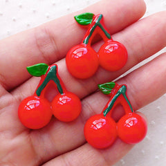 CLEARANCE Kawaii Cherry Cabochons / Fruit Cabochon (3pcs / 24mm x 23mm / Flat Back) Decoden Phone Case Whimsical Embellishment Cute Decoration FCAB320