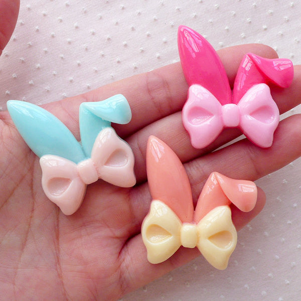 Decora Decoden Cabochon / Rabbit Bunny Ears w/ Bowtie Cabochons (3pcs / 35mm x 41mm / Pastel / Flatback) Kawaii Fairy Kei Phone Case CAB491