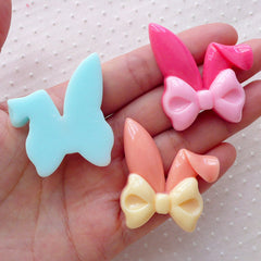 Decora Decoden Cabochon / Rabbit Bunny Ears w/ Bowtie Cabochons (3pcs / 35mm x 41mm / Pastel / Flatback) Kawaii Fairy Kei Phone Case CAB491