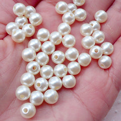 7mm Round Pearls with Hole / ABS Pearl (Around 35pcs / Cream White) Bridal Bridesmaid Jewellery Making Necklace Bracelet DIY Decoden PES96