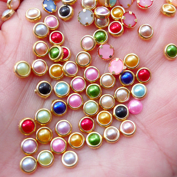 CLEARANCE Mini Pearl Gems w/ Gold Accent Rims (50pcs / 4mm / Mix / Fla, MiniatureSweet, Kawaii Resin Crafts, Decoden Cabochons Supplies