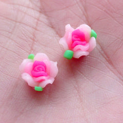 Mini Rose Bud Cabochons / Tiny Polymer Clay Flower Beads (2pcs / 9mm / Pink / Flatback) Floral Nail Decoration Nail Art Earring Stud NAC297