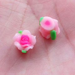Mini Rose Bud Cabochons / Tiny Polymer Clay Flower Beads (2pcs / 9mm / Pink / Flatback) Floral Nail Decoration Nail Art Earring Stud NAC297
