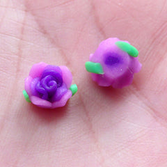 Little Rose Bud Cabochons / Mini Flower Beads / Polymer Clay Rose Bead (2pcs / 9mm / Purple / Flat Back) Tiny Fimo Floral Nail Art NAC298