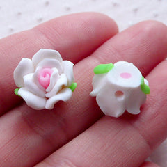 White Rose Cabochon / Polymer Clay Floral Beads (2pcs / 13mm / Flat Back) Fimo Flower Phone Case Deco Earring Stud Hair Clip Making CAB498