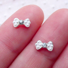Tiny Bow with Pearls & Rhinestone Nail Charms (2pcs / 8mm x 5mm / White) Mini Bowtie Cabochons Nail Art Deco Manicure Floating Charm NAC301