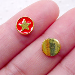 Star Nail Charms / Star in a Circle Cabochons (2pcs / 8mm / Red & Gold) Floating Charm Nail Art Nail Decorartion Manicure Nailart NAC308
