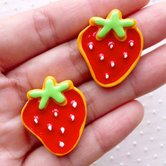 Strawberry Sugar Cookie Cabochons (2pcs / 23mm x 27mm / Flat Back) Decoden Cabochon Faux Miniature Sweets Fake Biscuit Kawaii Decor FCAB322