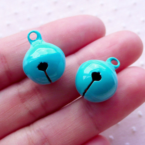 Painted Jingle Bell Charms 2pcs 14mm x 18mm Blue Green Teal