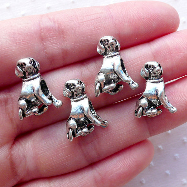 Silver Dog Beads 3D Animal Focal Bead 4pcs 13mm x 16mm Tibetan Si MiniatureSweet Kawaii Resin Crafts Decoden Cabochons Supplies Jewelry Making