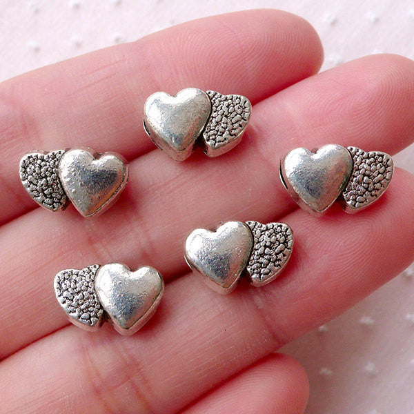 Silver Double Heart Beads 5pcs 13mm x 8mm Tibetan Silver 2 Side MiniatureSweet Kawaii Resin Crafts Decoden Cabochons Supplies Jewelry Making