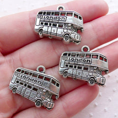 London Bus Charms (3pcs / 25mm x 19mm / Tibetan Silver) UK Travel Charm Vehicle Tranport Transportation Charm Novelty Jewellery CHM2170