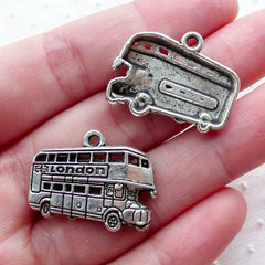 London Bus Charms (3pcs / 25mm x 19mm / Tibetan Silver) UK Travel Charm Vehicle Tranport Transportation Charm Novelty Jewellery CHM2170