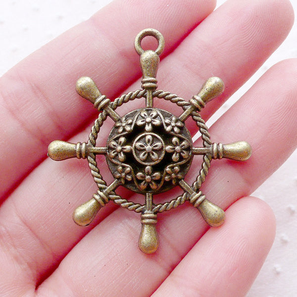 Large Ship Wheel Charm (1 piece 35mm x 38mm Antique Bronze