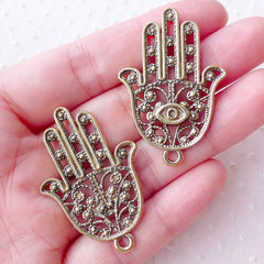 Large Hamsa Hand Charms Big Khamsa Hand with Evil Eye Pendant (2pcs / 28mm x 41mm / Antique Gold) Judaica Islam Judaism Fatima Hand CHM2198