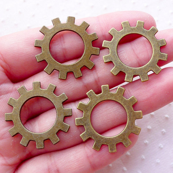 Cogwheel Charms Gearwheel Connector (4pcs / 25mm / Antique Bronze / 2 | MiniatureSweet | Kawaii Resin Crafts | Decoden Cabochons Supplies