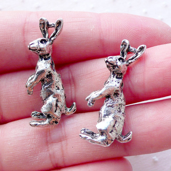 Silver Rabbit Charms 3D Hare Pendant (2pcs 14mm x 29mm