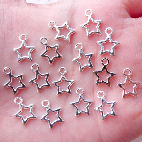 Outline Star Charms Hollow Star Pendant Cute Star Drop (15pcs / 10mm x 12mm / Silver / 2 Sided) Kawaii Jewelry Mini Add On Charm CHM2213