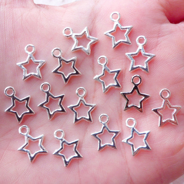 Outline Star Charms Hollow Star Pendant Cute Star Drop (15pcs / 10mm x 12mm / Silver / 2 Sided) Kawaii Jewelry Mini Add on Charm CHM2213