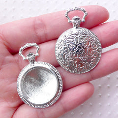 Pocket Watch Bezel Pendant Tray / 20mm Cameo Setting / Round Cabochon Holder / Collage Sheet Photo Memory Picture Charm (2pcs / Silver) F317