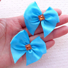 Blue Satin Bow with Sqaure Rhinestone / Fabric Ribbon Applique (4pcs / 50mm x 45mm) Hairclip Hair Accessories Making Gift Decoration B144