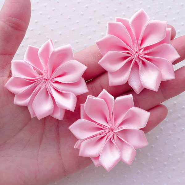 Pink Satin Ribbon Flower Applique / Fabric Flowers (3pcs / 5cm / Light Pink) Floral Hair Accessories Headbands Hair Bows Brooch Making B163