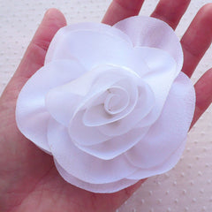 Large Chiffon Flower / Big Chiffon Ruffle Rose / Floral Applique (1 piece / 10cm / White) Baby Toddler Hair Bow Wedding Headband Making B153