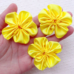 Satin Flowers / Satin Ribbon Ruffle Flower / Fabric Applique (3pcs / 5cm / Yellow) Baby Floral Headbands Hairbows DIY Flower Decoration B177