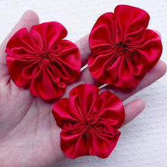 Ruffle Fabric Flower Applique / Satin Ribbon Flowers (3pcs / 5.5cm / Wine Red) Baby Hair Flower Headbands DIY Invitation Card Making B178