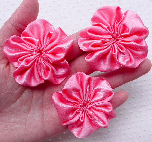 Ruffle Fabric Floral Applique / Satin Ribbon Flowers (3pcs / 5.5cm / Coral Pink) Bridal Hair Flower Headband Hairbow Card Embellishment B179