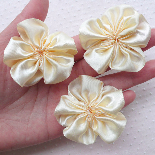 CLEARANCE Fabric Flower with Leaf / Satin Ribbon Flower Applique (4pcs, MiniatureSweet, Kawaii Resin Crafts, Decoden Cabochons Supplies