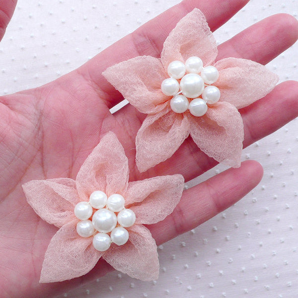 Tulle Flowers with Pearl Center / Gauze Fabric Flower / Mesh Floral Applique (2pcs / 5cm / Light Orange) Hair Flower Ballerina Flowers B190