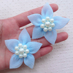 Mesh Floral Applique / Gauze Fabric Flowers with Pearl Center / Tulle Flower (2pcs / 5cm / Baby Blue) Toddler Hair Flower Head Bands B191
