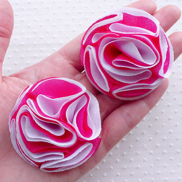 Pom Pom Floral Applique / Fabric Puff Flowers (2pcs / 5.5cm / Pink) Wedding Bouquets Bridal Headbands Baby Bridesmaid Hair Bows Making B203