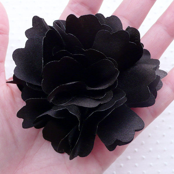 Black Satin Flower Applique / Black Fabric Flowers (1 piece / 8cm) Tod, MiniatureSweet, Kawaii Resin Crafts, Decoden Cabochons Supplies