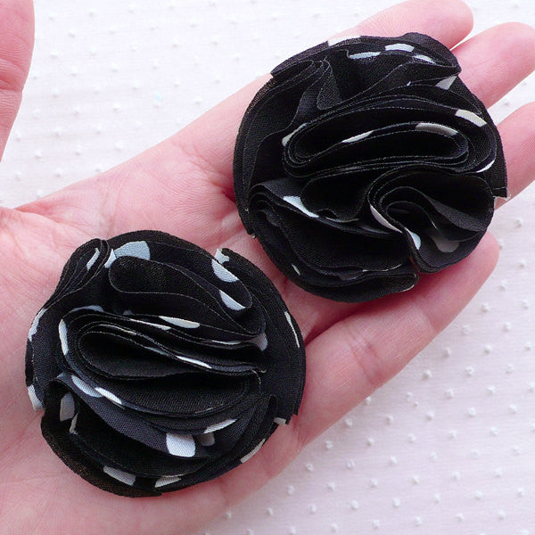 Puff Pom Pom Flowers / Fabric Polka Dot Floral Applique (2pcs / 5.5cm / Black & White) Toddler Head Bands Baby Floral Hair Bows Making B213