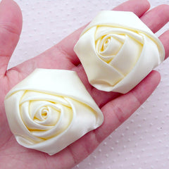 White Rose / Large Satin Ribbon Flower / Big Fabric Floral Applique (2pcs / 5.5cm / Cream White) DIY Boutonniere Bouquet Headband B208