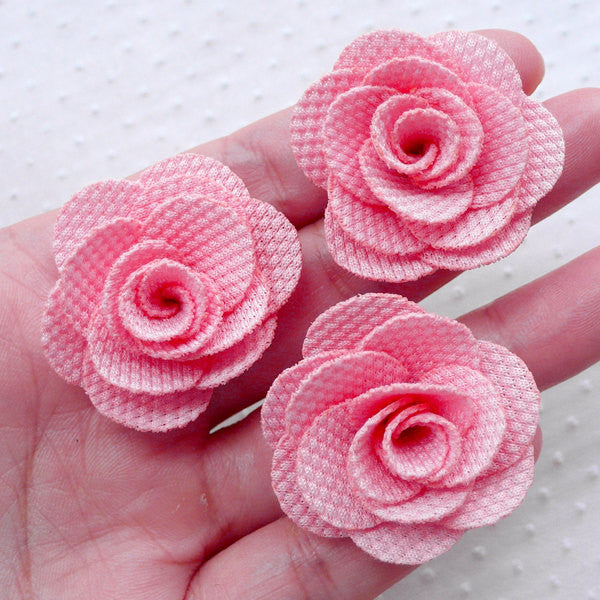 Rose Flower Applique / Fabric Flowers (3pcs / 3.5cm / Pink) Baby Flora, MiniatureSweet, Kawaii Resin Crafts, Decoden Cabochons Supplies