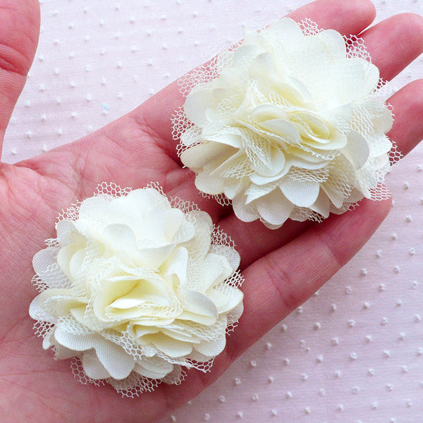 Tulle and Satin Flower Applique / Mesh Pom Pom Puff Dlowers (2pcs / 5cm / Cream White) DIY Boutonniere Wedding Bouquet Bridal Headband B207