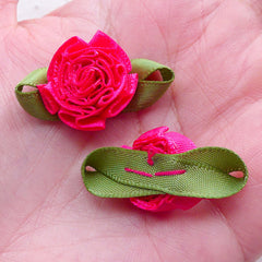 CLEARANCE Fabric Flower with Leaf / Satin Ribbon Flower Applique (4pcs / 3cm / Dark Pink) Card Embellishment Floral Scrapbooking Sewing Supplies B228