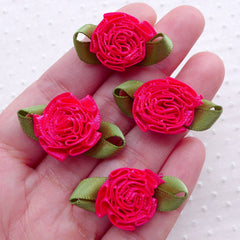 CLEARANCE Fabric Flower with Leaf / Satin Ribbon Flower Applique (4pcs / 3cm / Dark Pink) Card Embellishment Floral Scrapbooking Sewing Supplies B228